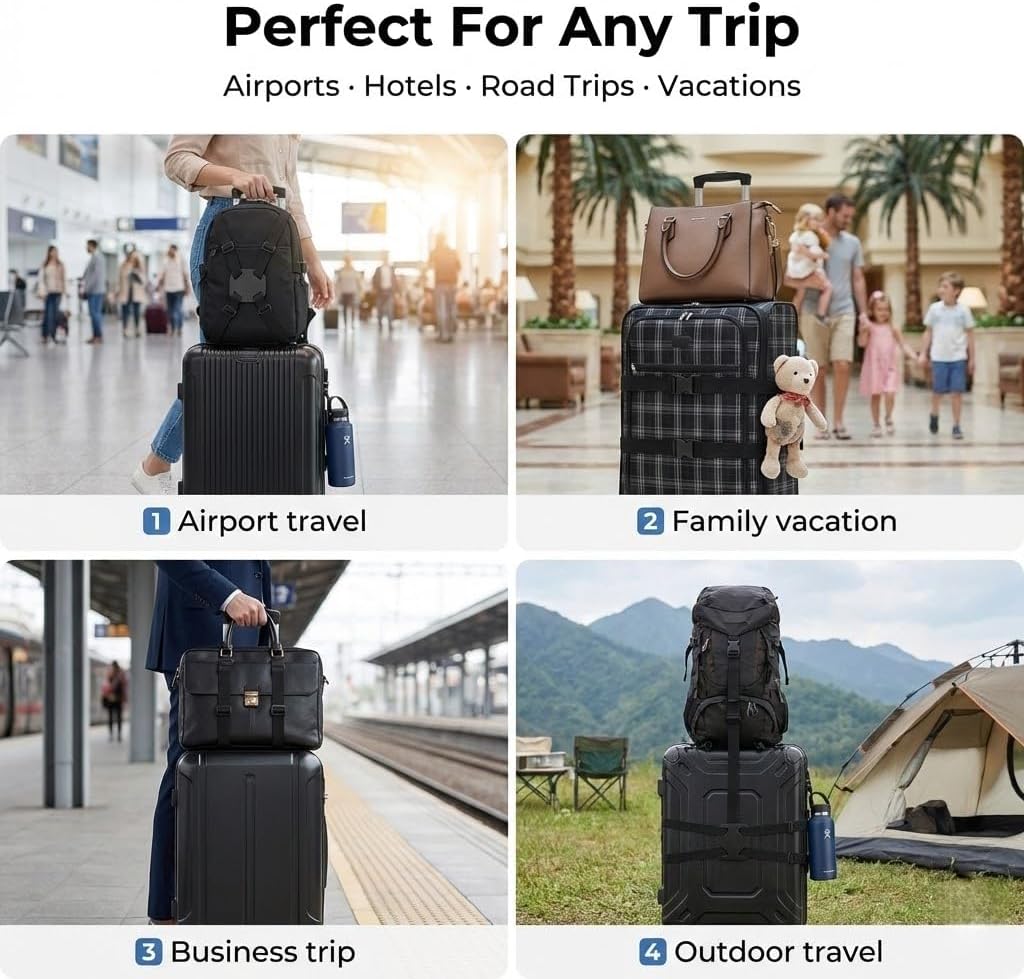 6 Pack Adjustable Luggage Straps with Water Bottle Clips, Black | Elastic bungee design, for suitcases backpacks and carry-ons, secures extra bags and bottles, compact travel accessory