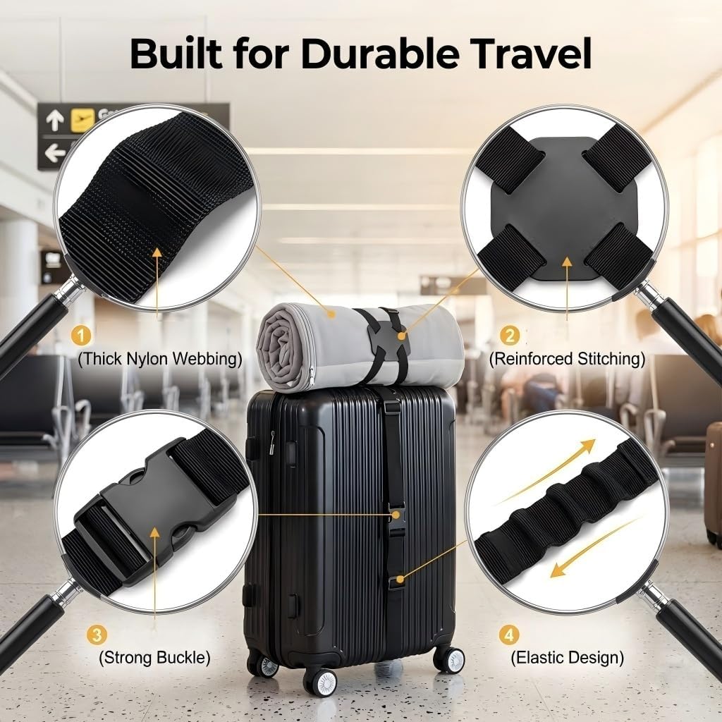 6 Pack Adjustable Luggage Straps with Water Bottle Clips, Black | Elastic bungee design, for suitcases backpacks and carry-ons, secures extra bags and bottles, compact travel accessory