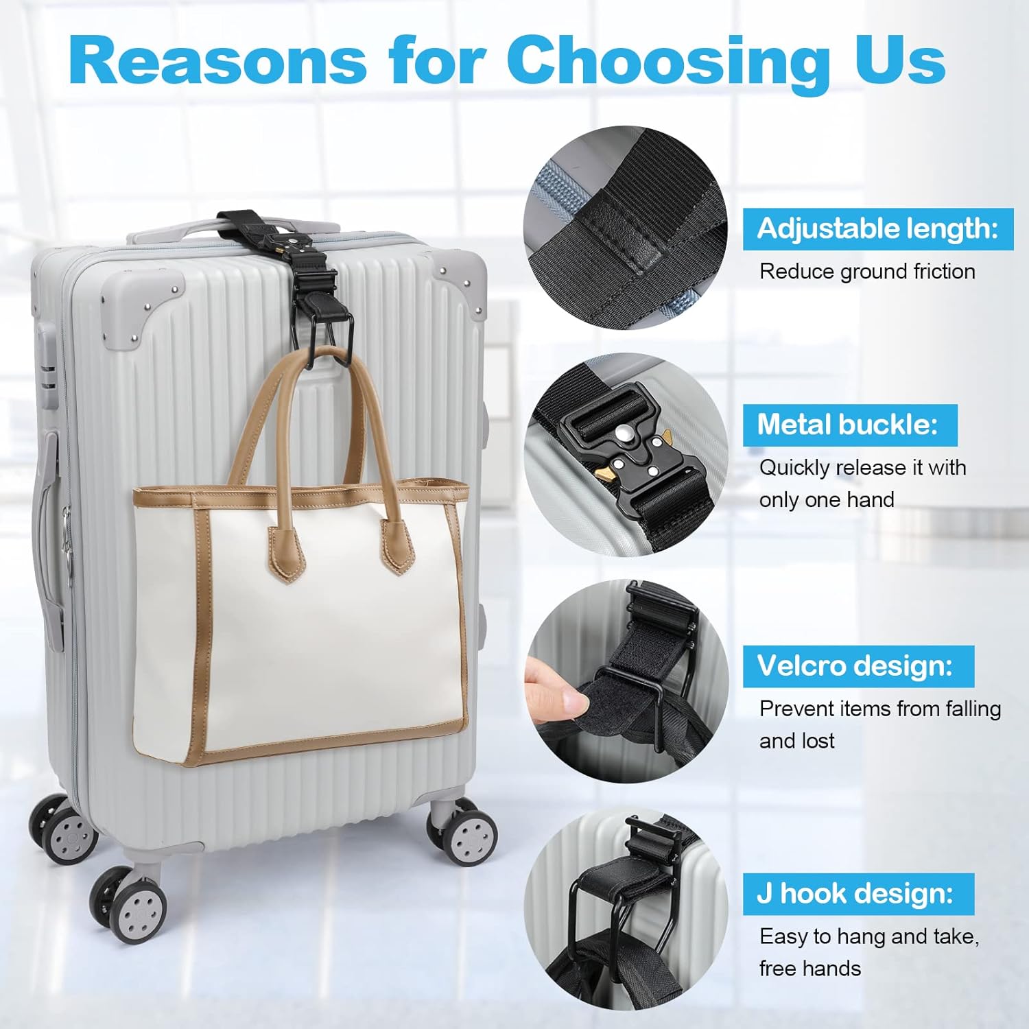 Luggage Hook Strap, Luggage J Hooks to Add a Bag Flight Attendant, Adjustable Luggage Connector Hook with Hands Free