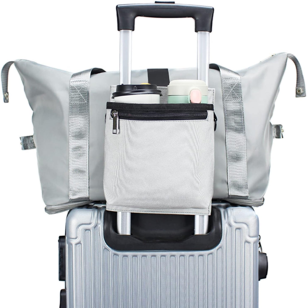Luggage Travel Cup Holder with Luggage Straps (20oz/24oz/ diameter less than 3.15") Free Hand Drink Caddy Beverage Holder Fits Roll on Suitcase Handles Light Grey