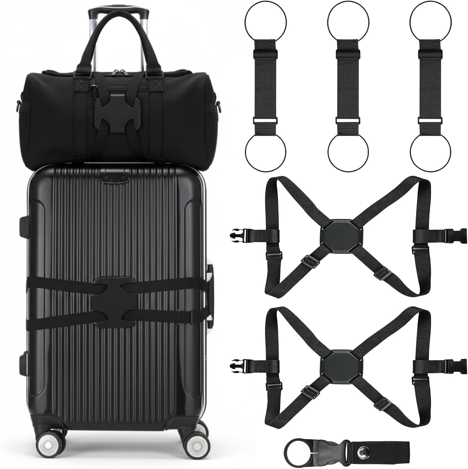 6 Pack Adjustable Luggage Straps with Water Bottle Clips, Black | Elastic bungee design, for suitcases backpacks and carry-ons, secures extra bags and bottles, compact travel accessory