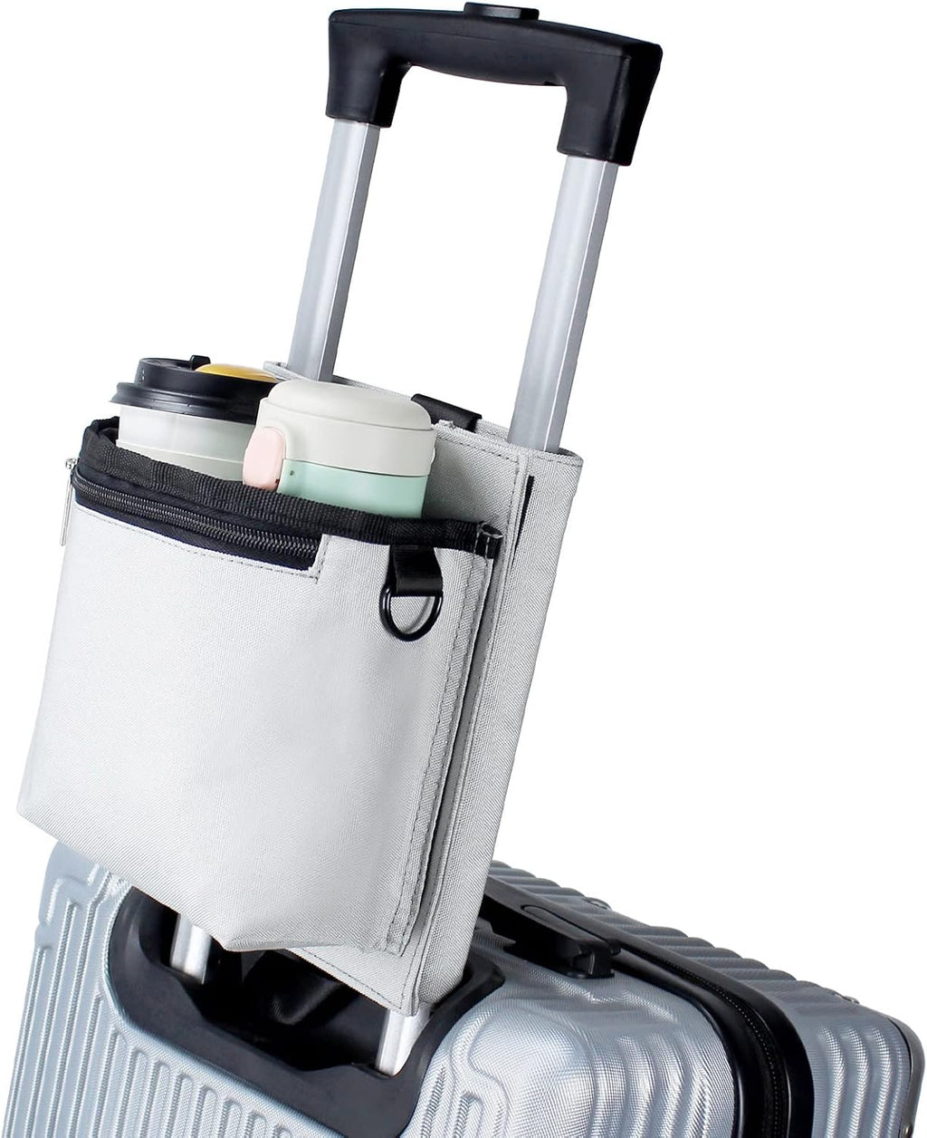 Luggage Travel Cup Holder with Luggage Straps (20oz/24oz/ diameter less than 3.15") Free Hand Drink Caddy Beverage Holder Fits Roll on Suitcase Handles Light Grey