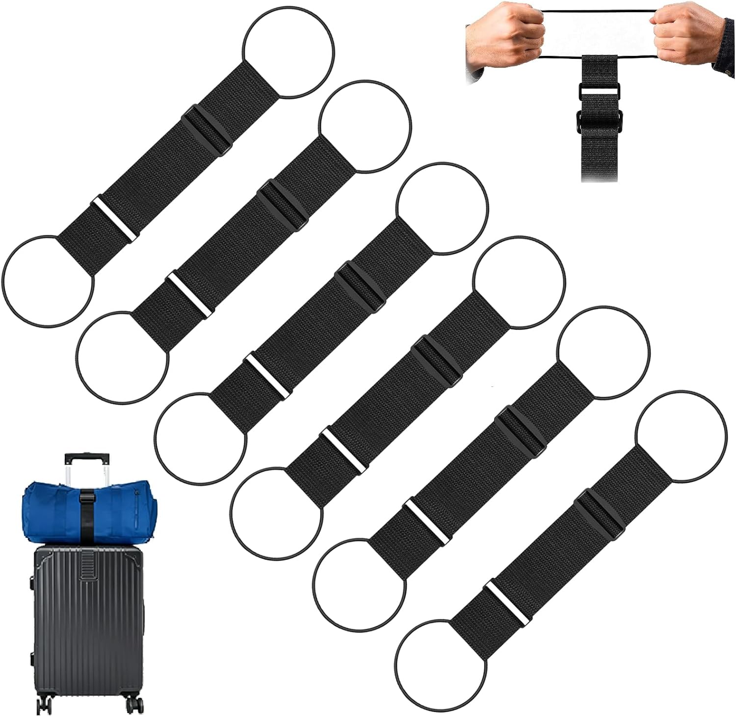 6PCS Multi Use Strong Adjustable Luggage Connector Straps, Add a Bag Easy to Travel Suitcase Elastic Strap Belt for Secure Stacking, Hands-Free Travel & Bag Attachment (Black)