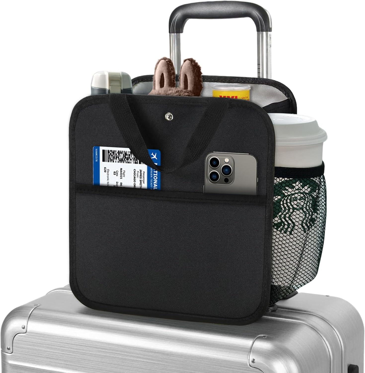 Large Luggage Travel Cup Holder for Suitcase Travel Drink Carrier Caddy | with Big Storage Compartment, Hands-Free Oversized Travel Organizer