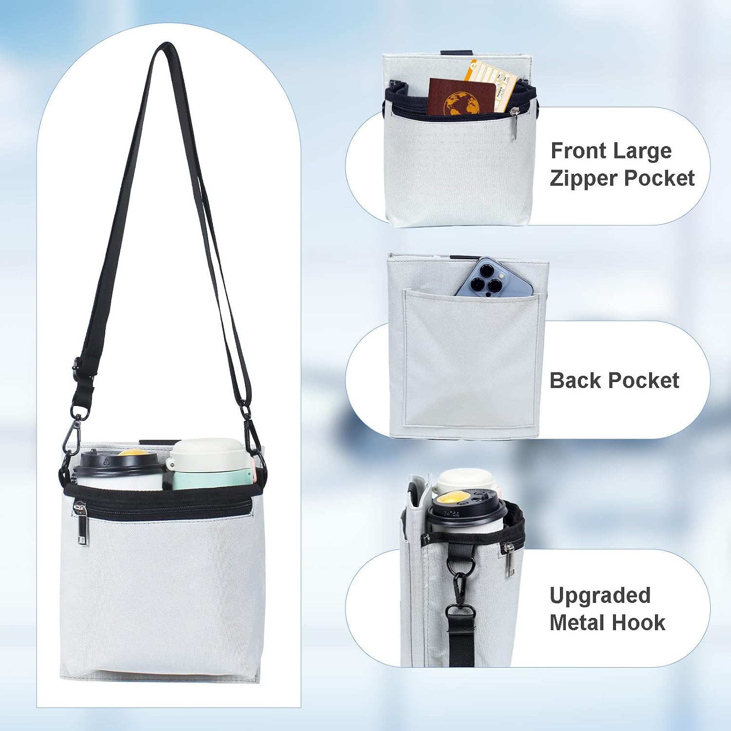 Luggage Travel Cup Holder with Luggage Straps (20oz/24oz/ diameter less than 3.15") Free Hand Drink Caddy Beverage Holder Fits Roll on Suitcase Handles Light Grey