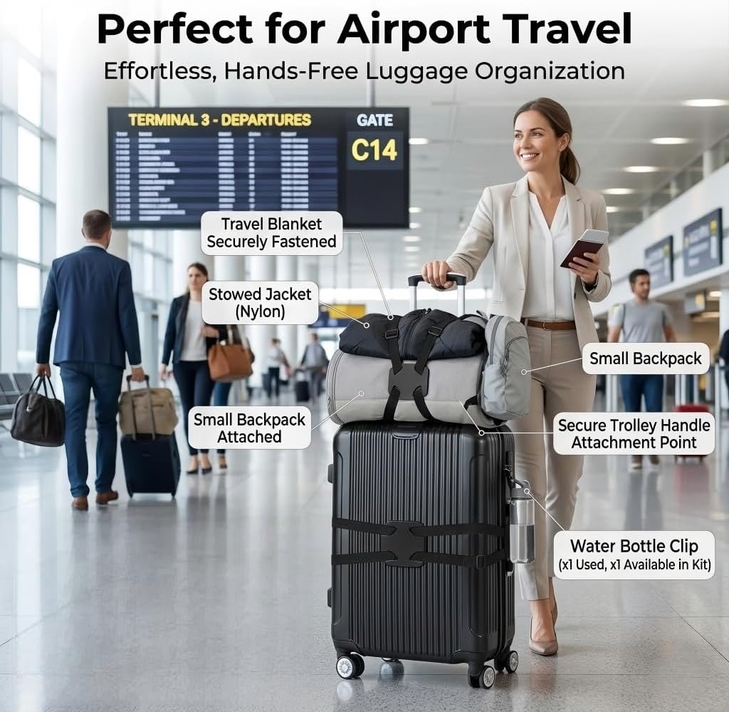 6 Pack Adjustable Luggage Straps with Water Bottle Clips, Black | Elastic bungee design, for suitcases backpacks and carry-ons, secures extra bags and bottles, compact travel accessory