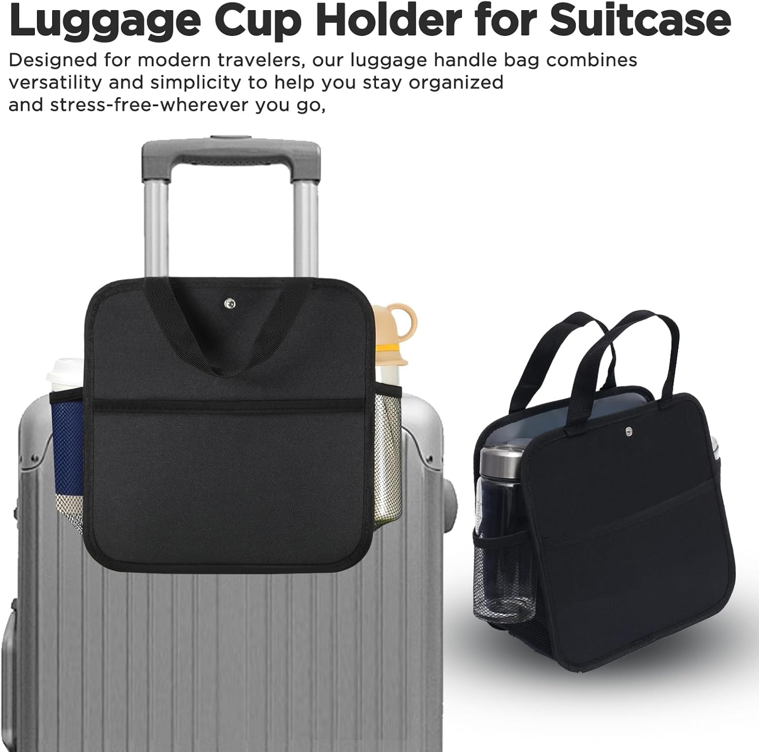 Large Luggage Travel Cup Holder for Suitcase Travel Drink Carrier Caddy | with Big Storage Compartment, Hands-Free Oversized Travel Organizer