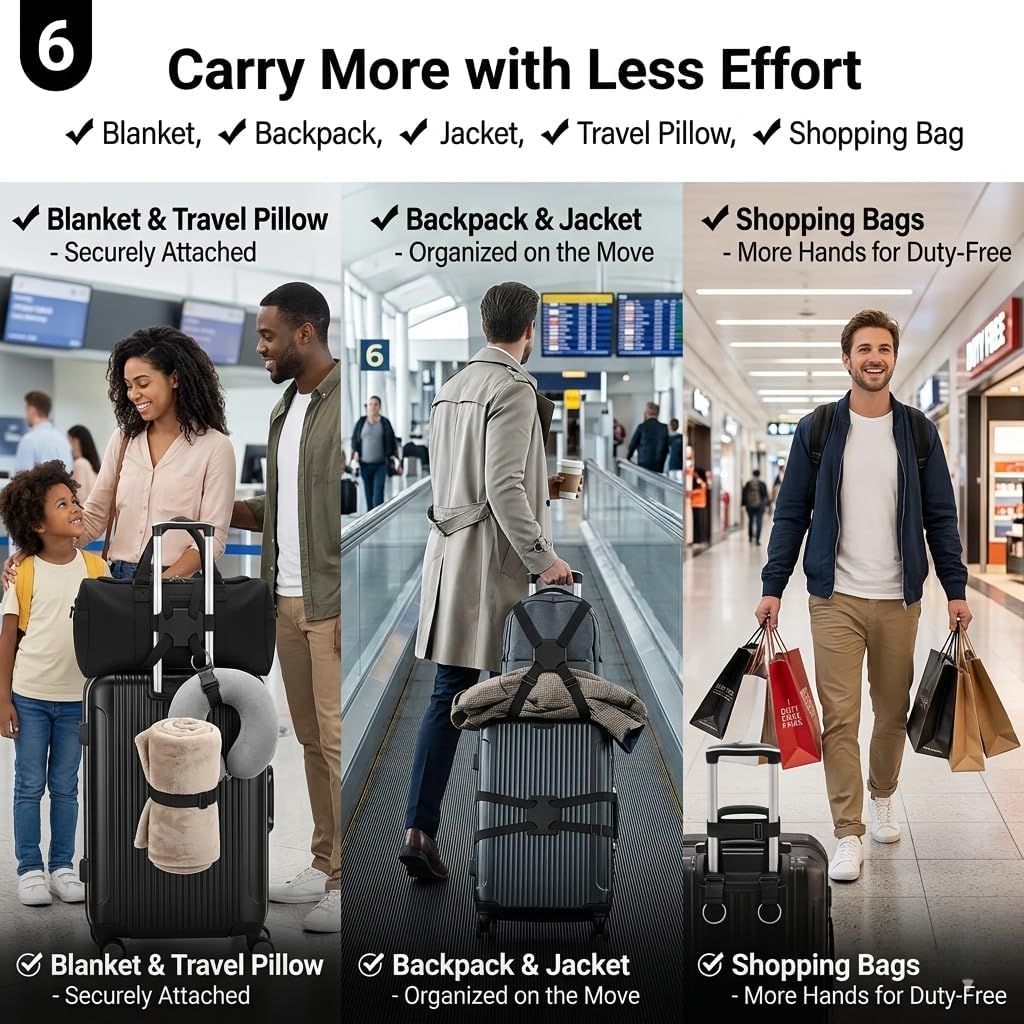 6 Pack Adjustable Luggage Straps with Water Bottle Clips, Black | Elastic bungee design, for suitcases backpacks and carry-ons, secures extra bags and bottles, compact travel accessory