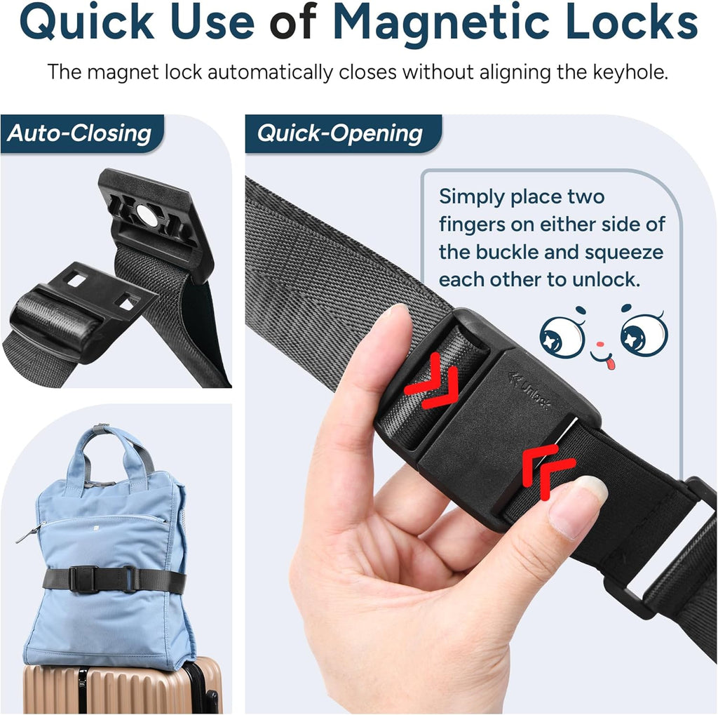 Magnetic Quick Release Luggage Straps Black | Magnetic Buckle; TSA-Lock Travel Belt ; Heavy-Duty Nylon; Quick Release; Hands-Free, Lightens Load, Secures Multiple Bags