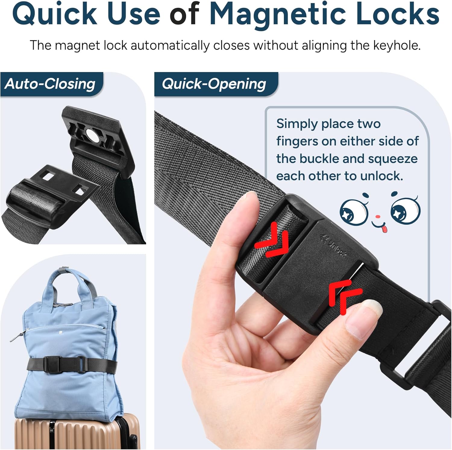Magnetic Quick Release Luggage Straps Black | Magnetic Buckle; TSA-Lock Travel Belt ; Heavy-Duty Nylon; Quick Release; Hands-Free, Lightens Load, Secures Multiple Bags