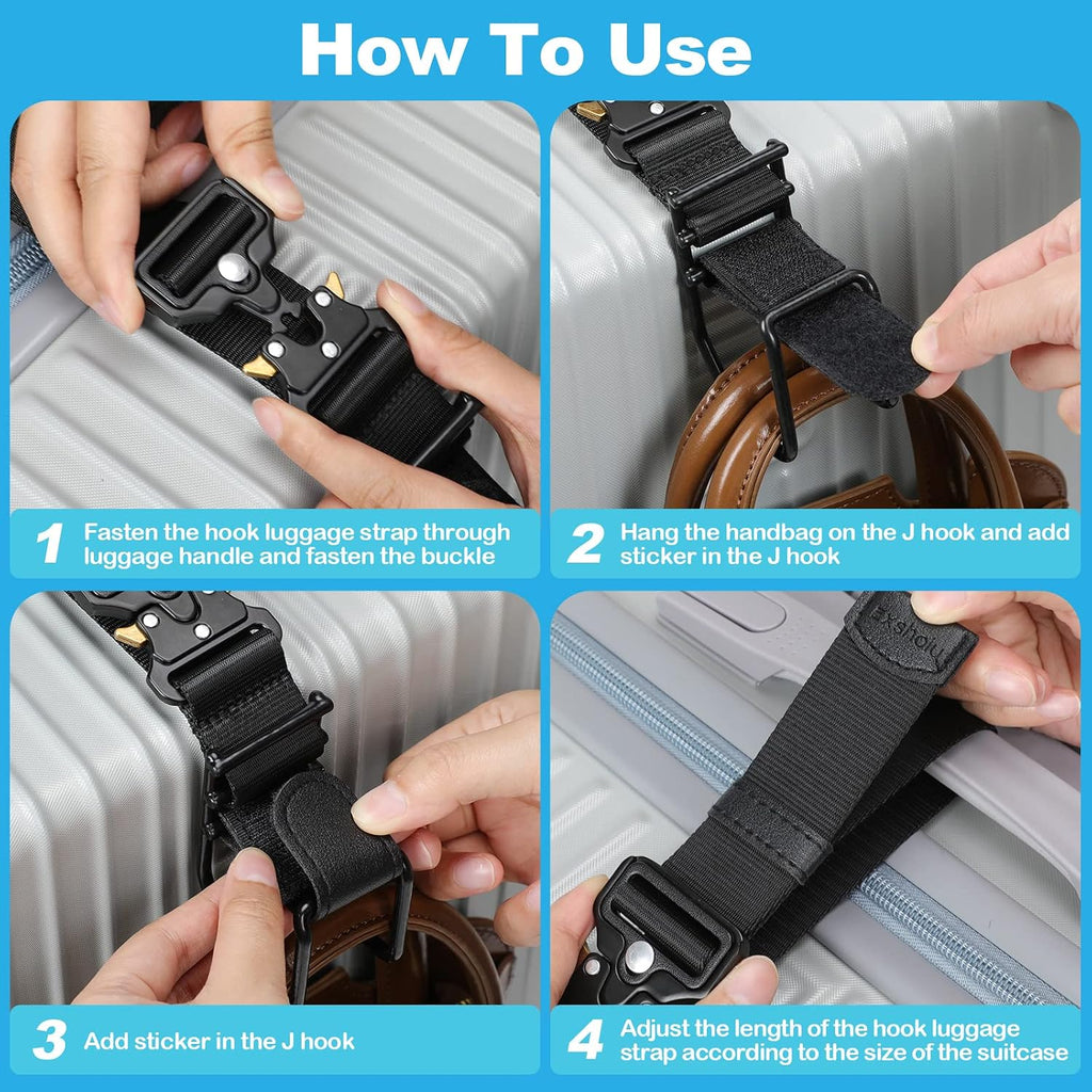 Luggage Hook Strap, Luggage J Hooks to Add a Bag Flight Attendant, Adjustable Luggage Connector Hook with Hands Free