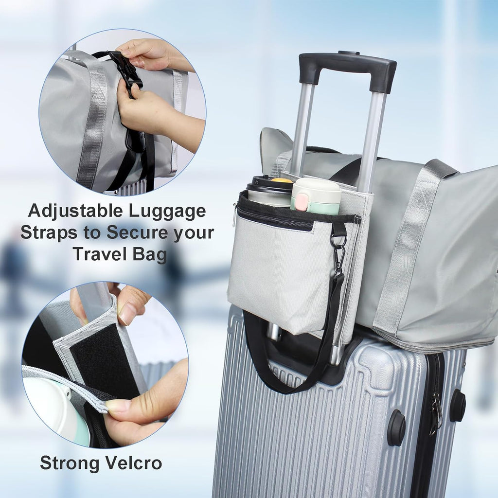 Luggage Travel Cup Holder with Luggage Straps (20oz/24oz/ diameter less than 3.15") Free Hand Drink Caddy Beverage Holder Fits Roll on Suitcase Handles Light Grey