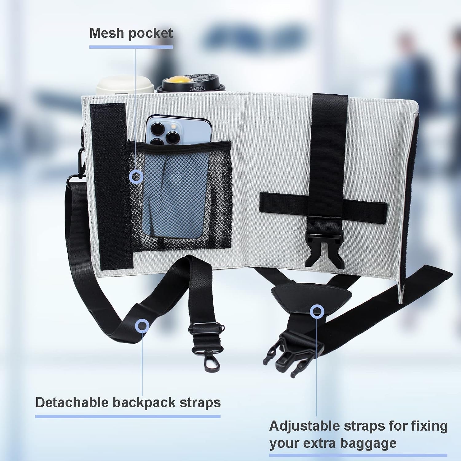 Luggage Travel Cup Holder with Luggage Straps (20oz/24oz/ diameter less than 3.15") Free Hand Drink Caddy Beverage Holder Fits Roll on Suitcase Handles Light Grey