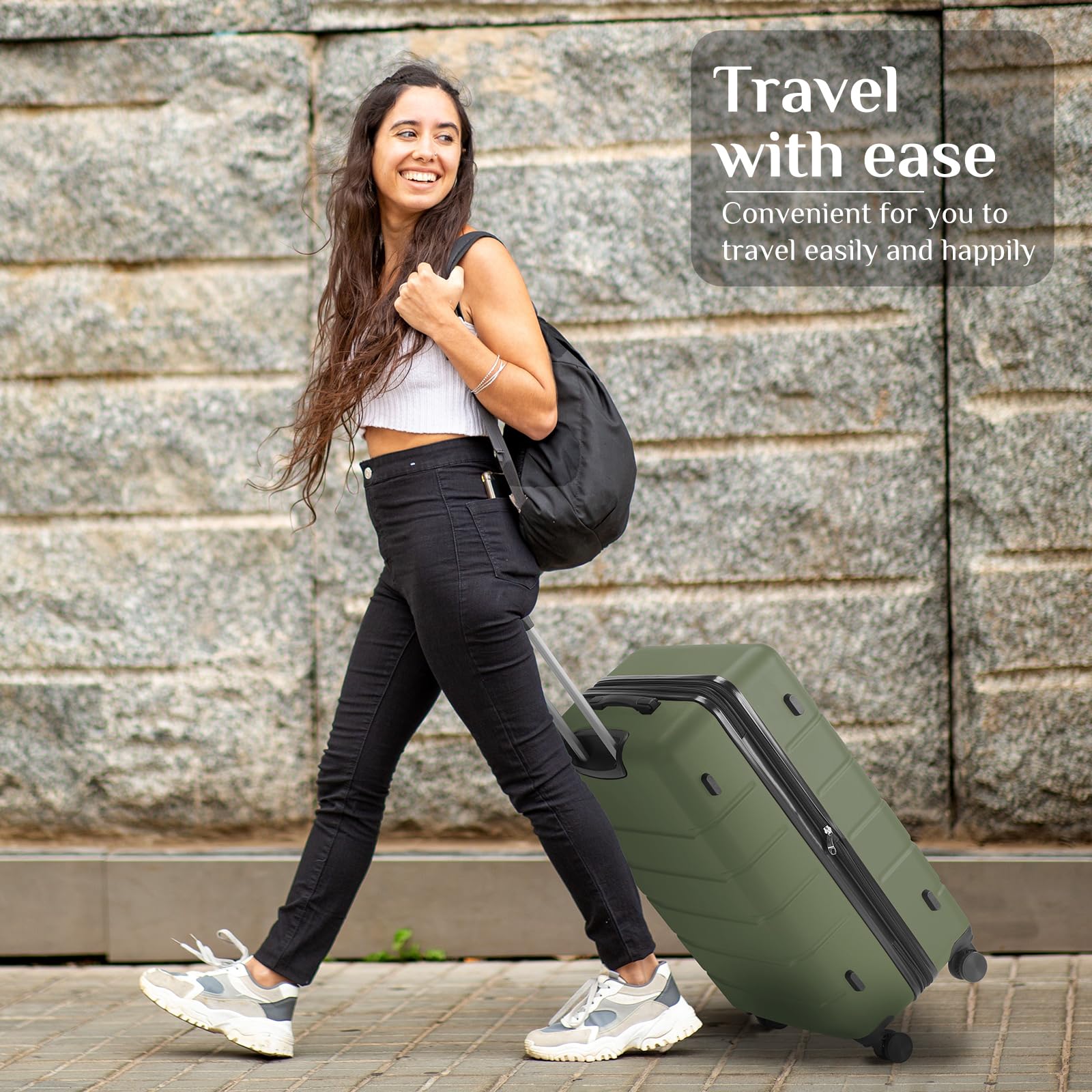 20 Inch Carry-On Luggage, Hardside Suitcase with Spinner Wheels, Lightweight ABS Hard Shell Travel Luggage, TSA Approved Lock, Expandable Small Suitcase for Business & Travel–Olive Green