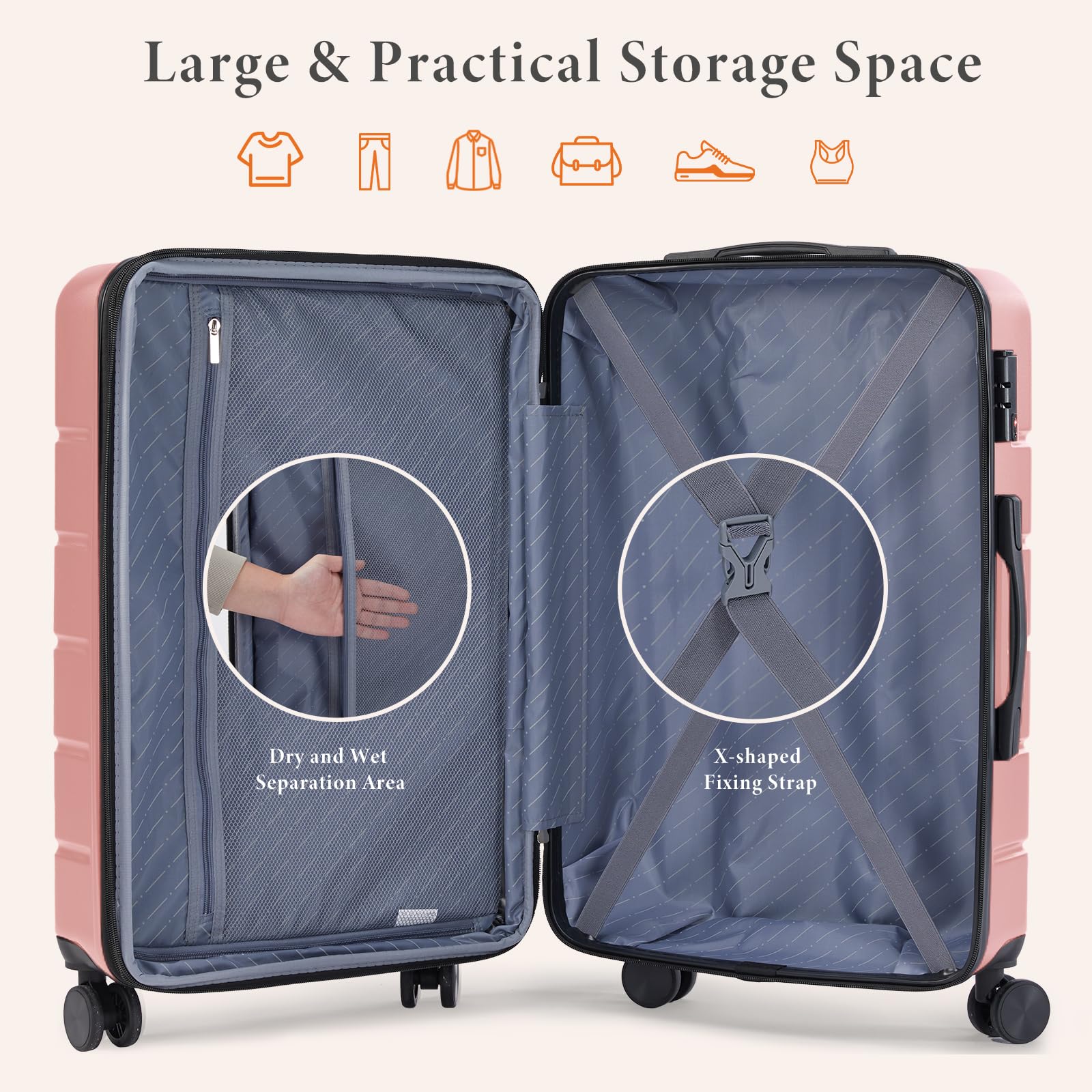 20 Inch Carry On Luggage, Suitcase with Spinner Wheels | Expandable, ABS Hard Shell, Lightweight, Rolling, Smooth, TSA Lock, Business Trips, Short Vacations, Pale Pink