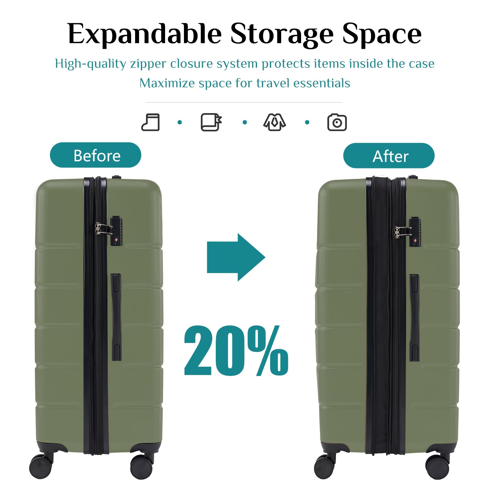 20 Inch Carry-On Luggage, Hardside Suitcase with Spinner Wheels, Lightweight ABS Hard Shell Travel Luggage, TSA Approved Lock, Expandable Small Suitcase for Business & Travel–Olive Green