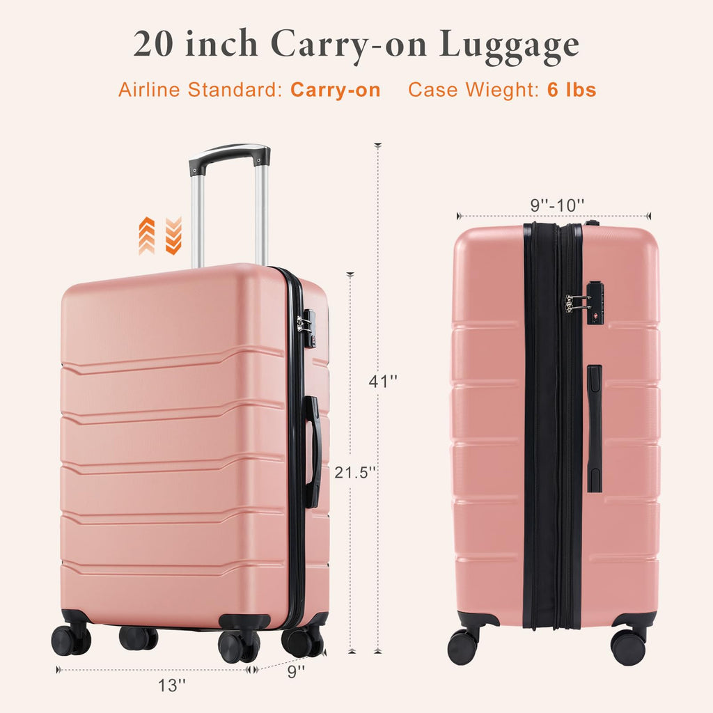 20 Inch Carry On Luggage, Suitcase with Spinner Wheels | Expandable, ABS Hard Shell, Lightweight, Rolling, Smooth, TSA Lock, Business Trips, Short Vacations, Pale Pink