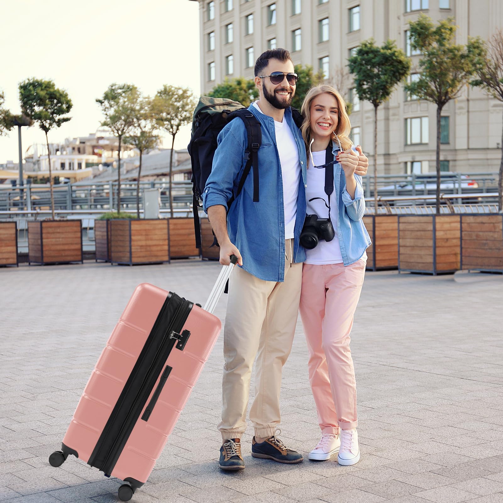 20 Inch Carry On Luggage, Suitcase with Spinner Wheels | Expandable, ABS Hard Shell, Lightweight, Rolling, Smooth, TSA Lock, Business Trips, Short Vacations, Pale Pink
