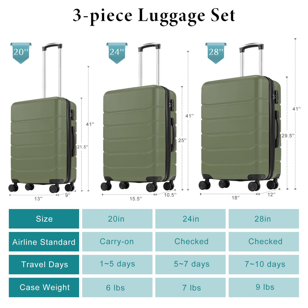 20 Inch Carry-On Luggage, Hardside Suitcase with Spinner Wheels, Lightweight ABS Hard Shell Travel Luggage, TSA Approved Lock, Expandable Small Suitcase for Business & Travel–Olive Green